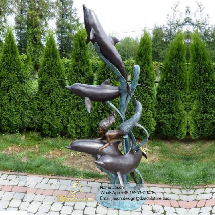 Bronze dolphin fountain sculpture