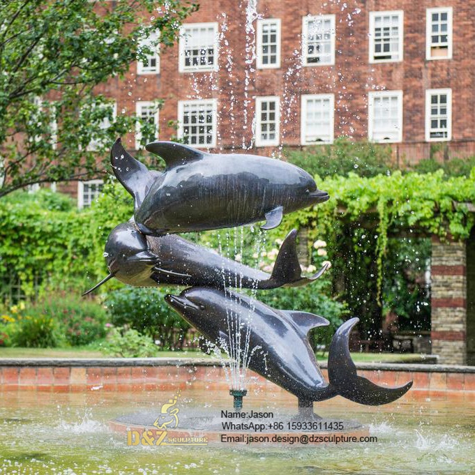 Outdoor bronze dolphins fountain