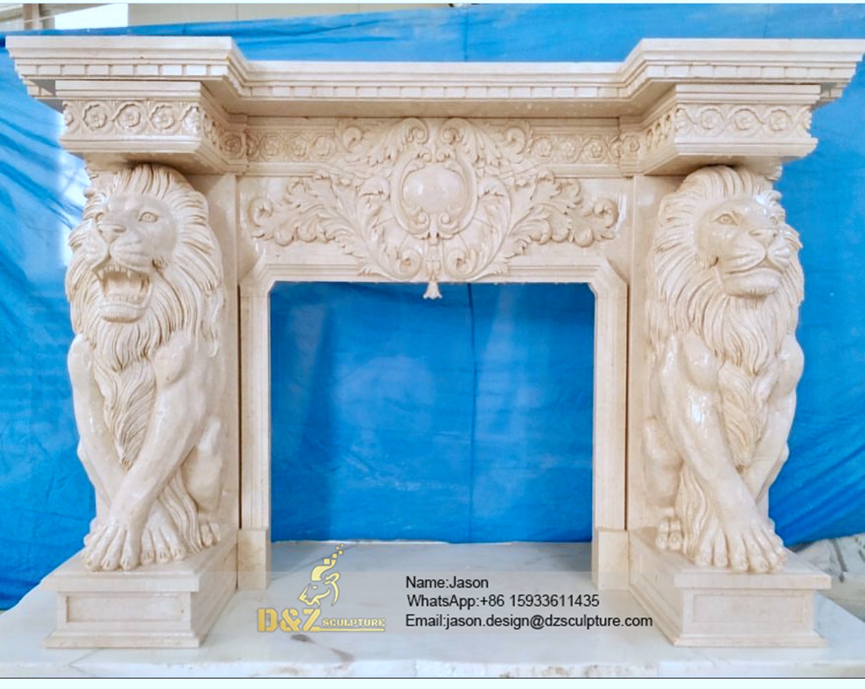 Lion stone fireplace