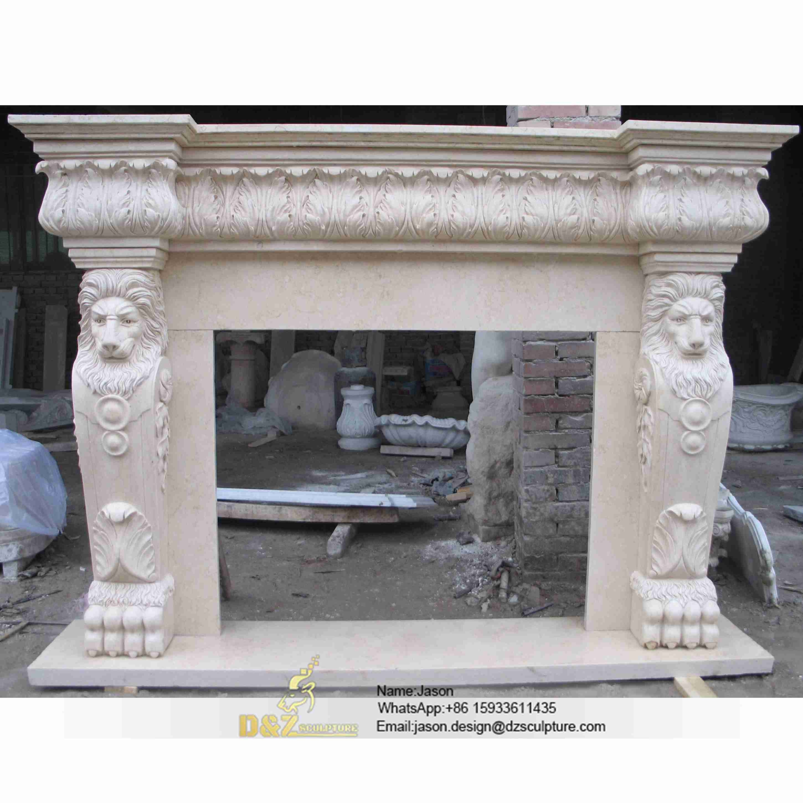 Stone fireplace lion mantel